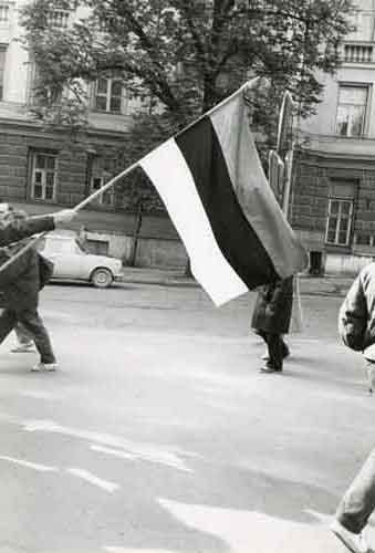 mies kantaa Viron lippua viistotangossa