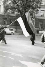 mies kantaa Viron lippua viistotangossa